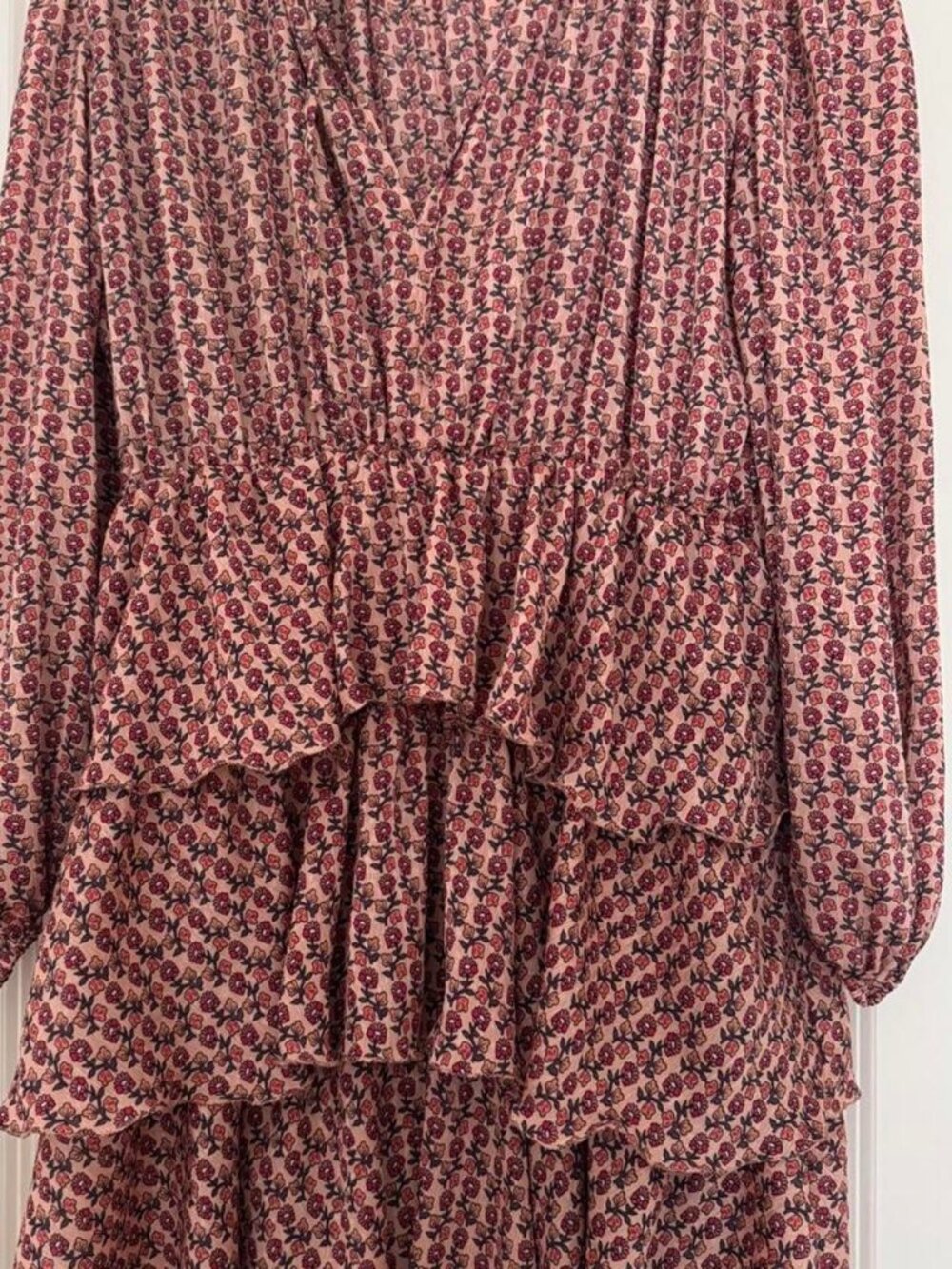 Maje Pink & Red Floral Tiered Ruffle Mini Dress Size M